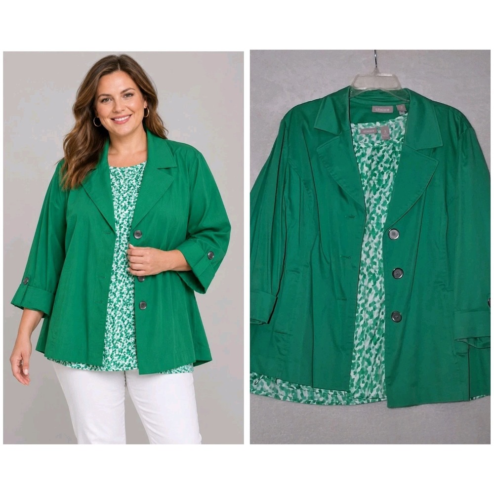 Chicos Womens Blazer  Inner Top Set Size 3 US XL Kelly Green Roll Tab 3/4 Sleeve